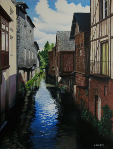 Painting titled "Pont-audemer" by Alain Dambès, Original Artwork, Oil