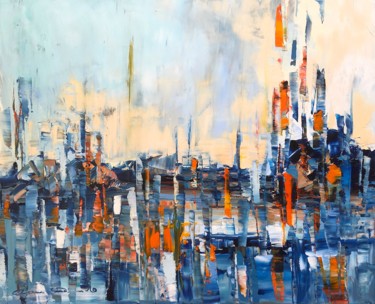 Painting titled "City in the sun" by Dam Domido, Original Artwork, Oil Mounted on Wood Stretcher frame