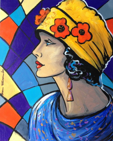 Painting titled ""La Dame aux coquel…" by Dam Domido, Original Artwork, Oil