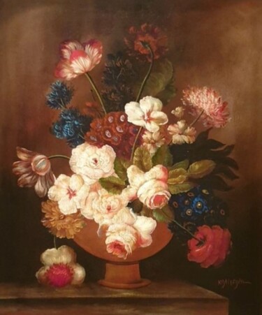 Painting titled "Vaso de flores, ole…" by Damian Ferraro, Original Artwork, Oil Mounted on Wood Stretcher frame