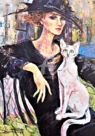 Painting titled "La dame au chat egy…" by Damian Tirado, Original Artwork, Acrylic