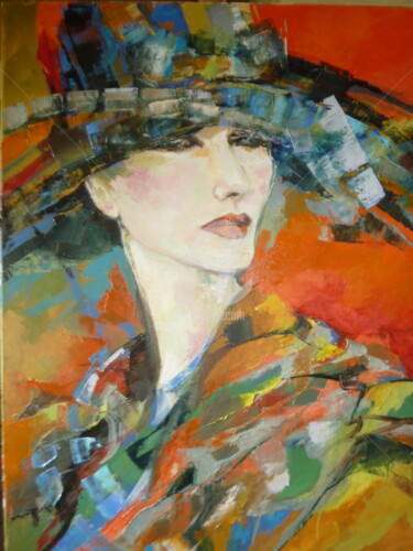 Peinture intitulée "femme-chapeau-au-fo…" par Damian Tirado, Œuvre d'art originale, Huile