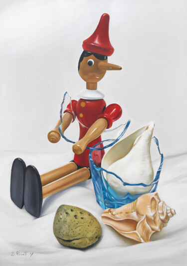 Painting titled "Pinocchio Artista" by Damiano Pizzetti, Original Artwork, Oil Mounted on Wood Stretcher frame
