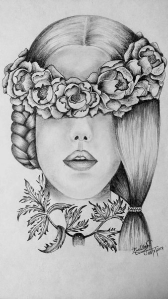 Dessin intitulée "Flowery girl" par Princessa Mingzhu, Œuvre d'art originale, Crayon