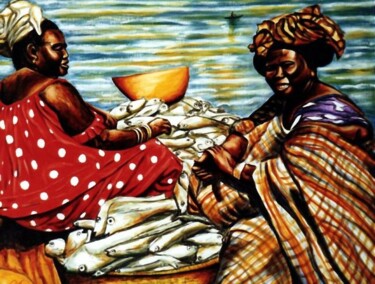 Peinture intitulée "African woman fishd…" par Dan Civa, Œuvre d'art originale, Acrylique