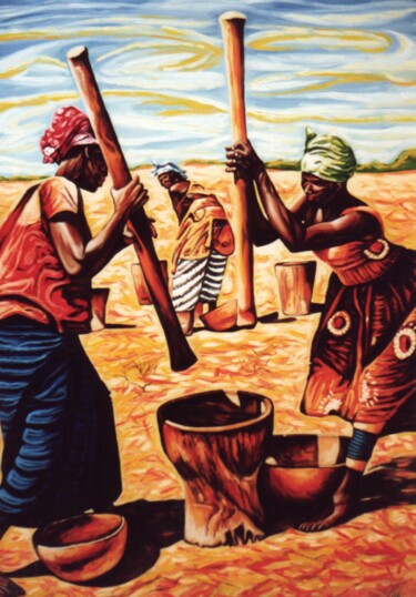 Pintura intitulada "African women grind…" por Dan Civa, Obras de arte originais, Acrílico