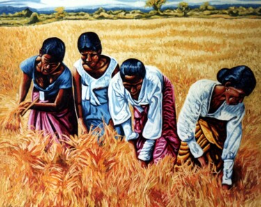 Painting titled "Harvesting paddy, S…" by Dan Civa, Original Artwork, Oil