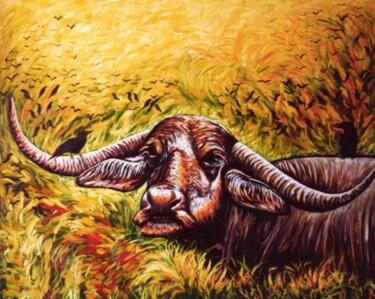 Malerei mit dem Titel "Wild buffalo, Sri L…" von Dan Civa, Original-Kunstwerk, Öl