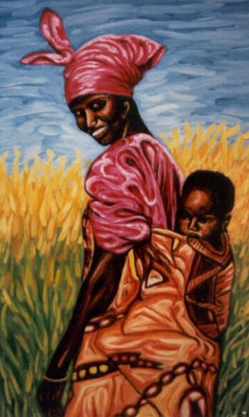 Schilderij getiteld "Young African mother" door Dan Civa, Origineel Kunstwerk, Olie