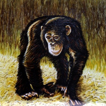 Painting titled "Walking chimpanzee" by Dan Civa, Original Artwork, Oil