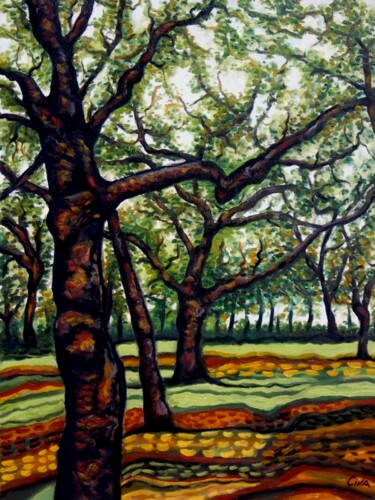 Schilderij getiteld "Chestnut plantation…" door Dan Civa, Origineel Kunstwerk, Olie