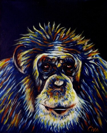 Pittura intitolato "Chimpanzee portrait…" da Dan Civa, Opera d'arte originale, Olio