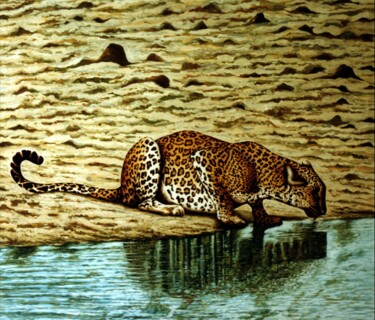 Pittura intitolato "Leopard drinking wa…" da Dan Civa, Opera d'arte originale, Olio