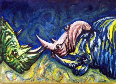 Peinture intitulée "Rhinoceros (2016 no…" par Dan Civa, Œuvre d'art originale, Huile