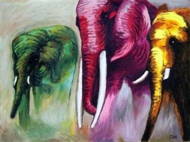 Картина под названием "Coloured elephants…" - Dan Civa, Подлинное произведение искусства, Масло