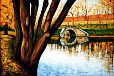 Peinture intitulée "Autumn with lake an…" par Dan Civa, Œuvre d'art originale, Huile