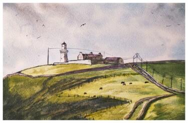 Painting titled "A lighthouse, near…" by Dan Lago, Original Artwork, Watercolor