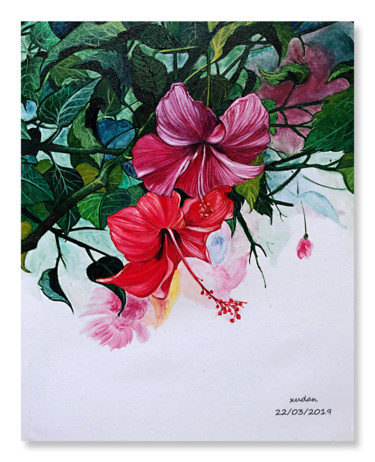 Painting titled "camellia" by Dan Xu, Original Artwork, Oil Mounted on Wood Stretcher frame