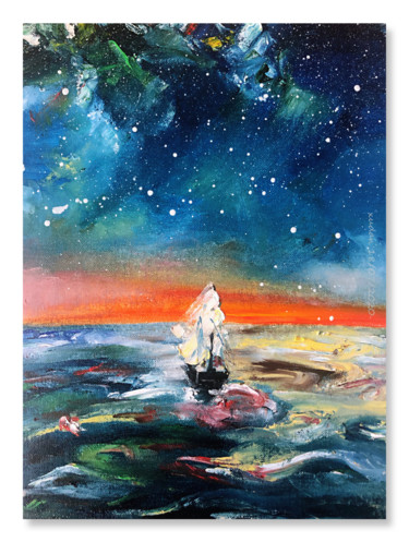 Painting titled "Mer de nuit" by Dan Xu, Original Artwork, Oil Mounted on Wood Stretcher frame
