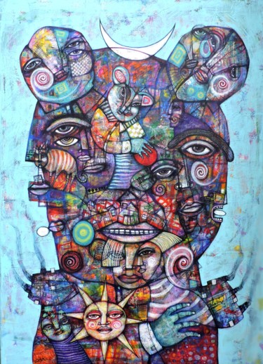 Portrait between Sun and Moon Peinture intitulée "Portrait between Su…" par Dan Casado, Œuvre d'art originale, Acrylique Monté sur Châssis