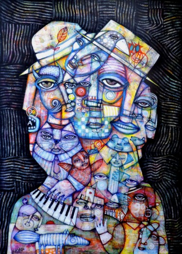 Peinture intitulée "Portrait with Hats" par Dan Casado, Œuvre d'art originale, Acrylique Monté sur Châssis en bois