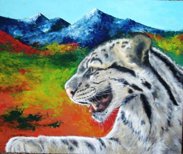 Painting titled "Le Jaguar" by Dana M, Original Artwork, Oil Mounted on Other rigid panel