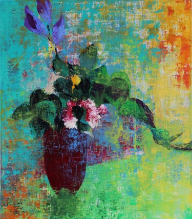 Painting titled "Vase à la Fleur Ble…" by Dana M, Original Artwork, Acrylic Mounted on Wood Stretcher frame