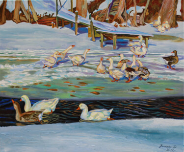 Painting titled "On the river" by Dana Velychko, Original Artwork, Oil