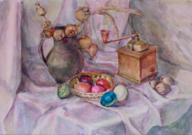 Painting titled "Still life with Eas…" by Dana Velychko, Original Artwork, Watercolor