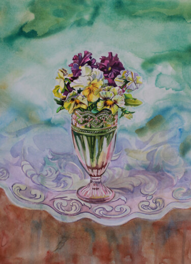 Painting titled "Violets" by Dana Velychko, Original Artwork, Watercolor