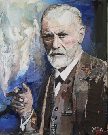 Κολάζ με τίτλο "Sigmund Freud" από Dana, Αυθεντικά έργα τέχνης, Κολάζ Τοποθετήθηκε στο Ξύλινο φορείο σκελετό
