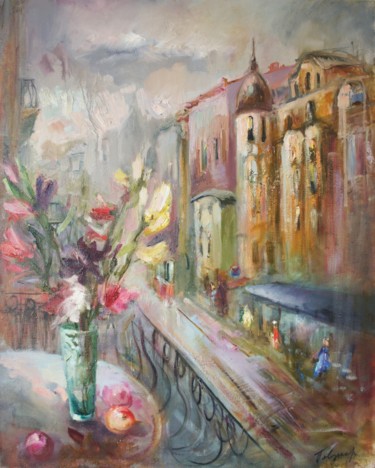 Painting titled "August in the city.…" by Natalia Pevzner, Original Artwork, Oil Mounted on Wood Stretcher frame