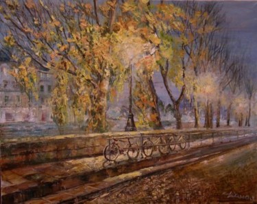 Painting titled "Seine on foot" by Natalia Pevzner, Original Artwork, Oil Mounted on Wood Stretcher frame