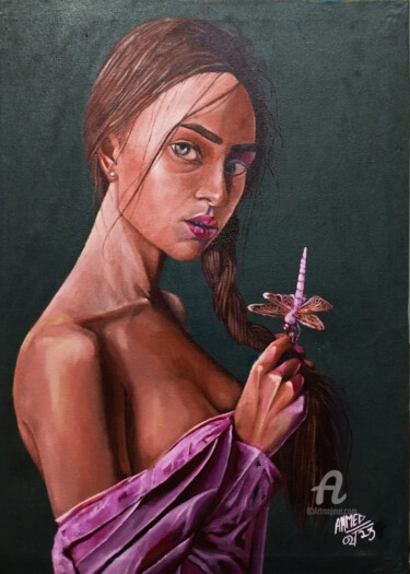Pintura intitulada "Girl with dragonfly" por Ahmed Khan, Obras de arte originais, Óleo