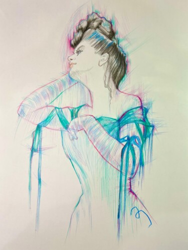 Malerei mit dem Titel "Vintage dress" von Dani Alexsandrova, Original-Kunstwerk, Conté-Buntstifte