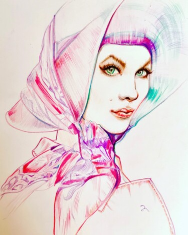 Drawing titled "Девушка в шляпке" by Dani Alexsandrova, Original Artwork, Conté