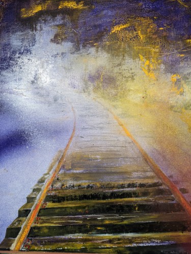 Painting titled "Le rail vers l'inde…" by Dann / Daniel Aubert, Original Artwork, Oil Mounted on Wood Stretcher frame