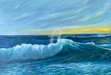 Painting titled "vague au couchant" by Daniel Bahuaud, Original Artwork, Oil Mounted on Wood Stretcher frame