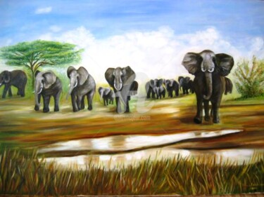 Painting titled "éléphants en alerte…" by Daniel Bahuaud, Original Artwork