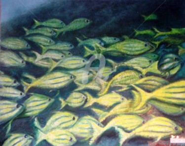 Картина под названием "poissons jaunes et…" - Daniel Bahuaud, Подлинное произведение искусства