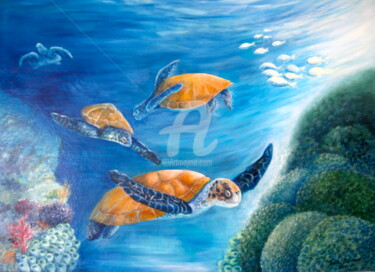 Peinture intitulée "tortues marines en…" par Daniel Bahuaud, Œuvre d'art originale, Huile