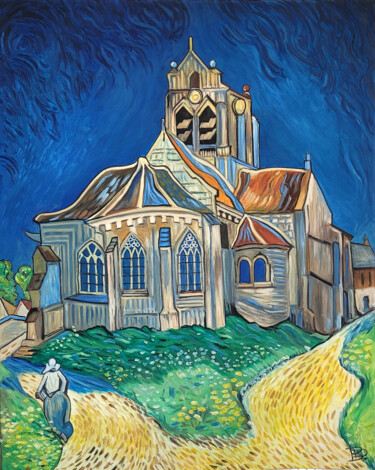 Painting titled "Reproduction Eglise…" by Daniel Ballavoisne, Original Artwork, Oil Mounted on Wood Stretcher frame