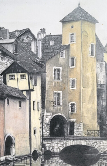 Desenho intitulada "Château jaune" por Daniel Ballavoisne, Obras de arte originais, Pastel