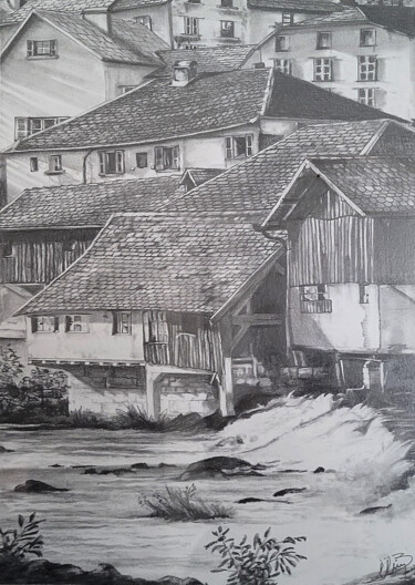 Рисунок под названием "Village" - Daniel Ballavoisne, Подлинное произведение искусства, Карандаш