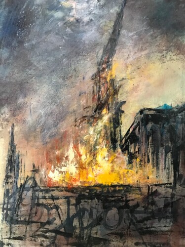 Malarstwo zatytułowany „L'incendie de Notre…” autorstwa Daniel Bathiard, Oryginalna praca, Akryl