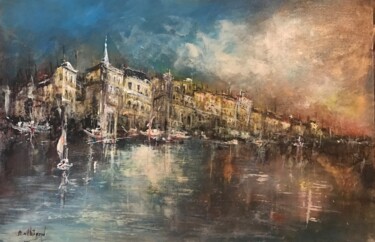 Malerei mit dem Titel "En arrivant au port" von Daniel Bathiard, Original-Kunstwerk, Öl