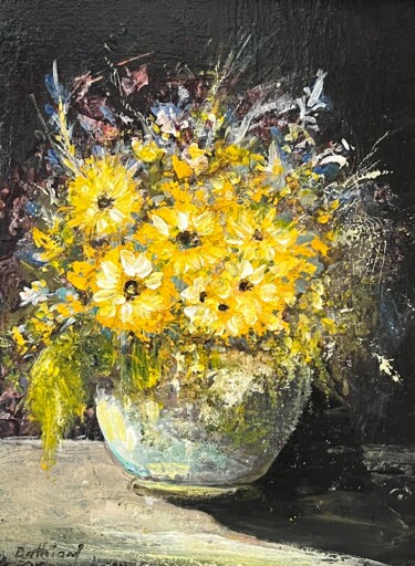 Peinture intitulée "Les dalhias jaunes" par Daniel Bathiard, Œuvre d'art originale, Huile