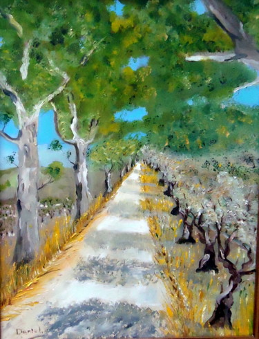 Peinture intitulée "Chemin entre peupli…" par Daniel.C, Œuvre d'art originale, Huile