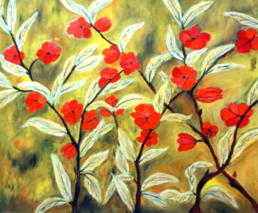 Painting titled "Rouge fleurs" by Daniel.C, Original Artwork, Oil