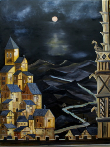 Peinture intitulée "Village médiéval" par Daniel.C, Œuvre d'art originale, Huile